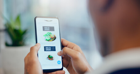 Aufkleber - Hands, phone and man order food online with menu for dinner, meal or supper at home. Technology, restaurant and person scroll with cellphone screen on internet for gourmet dish for lunch at apartment