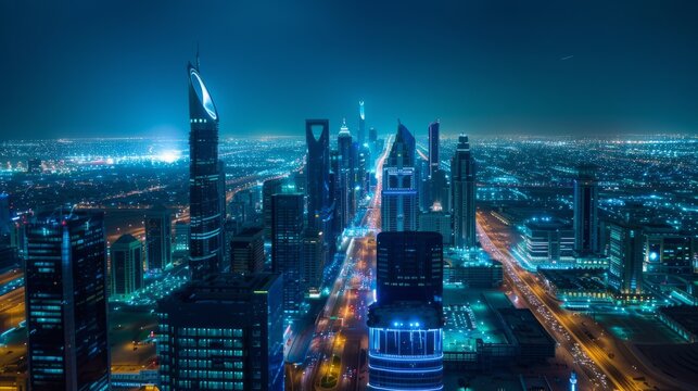Stunning aerial night view of the cityscape and skyscrapers in crystal light.