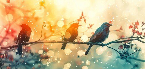 Birds close up, focus on, copy space Bright, colorful visuals Double exposure silhouette with birds and nature scenes