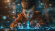 © neirfy - A young boy explores futuristic technology and space concepts with a digital rocket model in a sci-fi setting.
