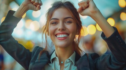 Wall Mural - A young woman in a blazer smiles brightly as she raises both fists in celebration