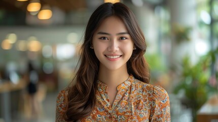 Wall Mural - A young woman with long brown hair smiles warmly while sitting in a cafe