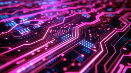 Wall Mural - Technology abstract background featuring a circuit board pattern with neon highlights