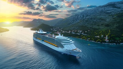 Wall Mural - A cruise ship is sailing on the ocean with a beautiful sunset in the background