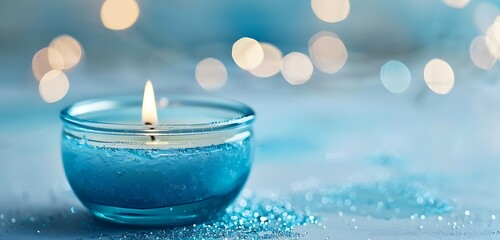 white candle wax and candle in the white cup with text copy space isolated against the blue background 