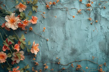 Wall Mural - Floral background with flower border on textured blue background. Rustic style. Template for Thanksgiving day and autumn holidays. Frame with copy space for design greeting card, banner, poster