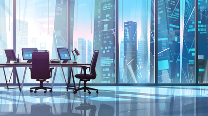 Wall Mural - Cartoon illustration of office work desk near wide glass window. Workplace with computer monitor inside company.