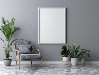 Wall Mural - Interior room with gray furniture and a blank frame mockup