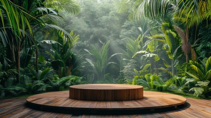 beautiful podium Product presentation with a wood in forest tropical green nature plant. Tropical Garden with Palm Trees and Lush Greenery