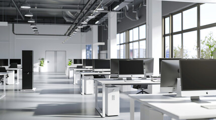 Wall Mural - Side view of white and black open space office interior with rows of computer tables. Generative Ai