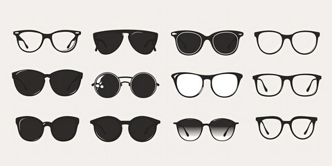 Illustration of different types of fashionable sunglasses on white background, wallpaper, template.