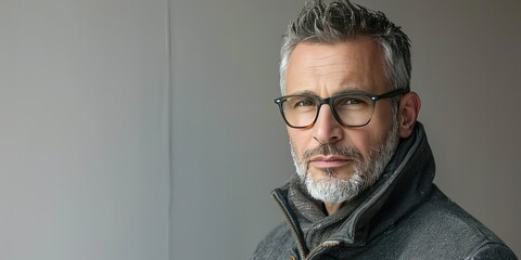 A middle-aged man in transparent glasses is looking at the viewer with a serious face, background, template, wallpaper.