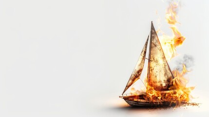 Wall Mural - burning classic sailboat Isolated on white background. fire burn object concept for designer