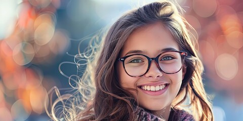 Portrait of a happy blond girl in transparent glasses on the street, background, wallpaper.