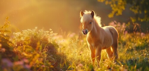 A cute, fluffy pony standing in a sunlit meadow, surrounded by wildflowers and green grass.