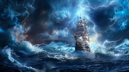 Wall Mural - An old sailing ship navigating a stormy sea, with storm clouds and lightning in the background