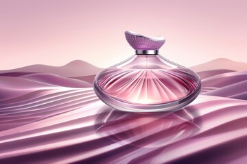 Poster - Pink perfume bottle on rippled surface, symbolizing femininity and delicate elegance in a serene setting