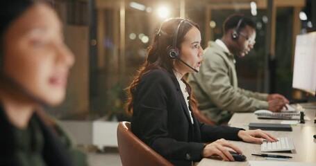 Poster - Business people, consultant and night with computer at call center, customer service or support at office. Group of employees, agency or agent working late in consulting or telemarketing at workplace