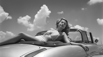 Wall Mural - Classic vintage summer elegance with a woman in a retro swimsuit posing next to a classic convertible car in a monochrome setting. Exuding timeless beauty and style