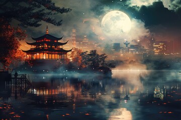 Wall Mural - At night, pagodas and pavilions in the city, illustrations