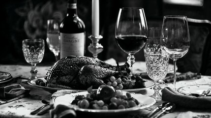 AI generated illustration of a festive dinner table with a roasted turkey, wine glasses in grayscale