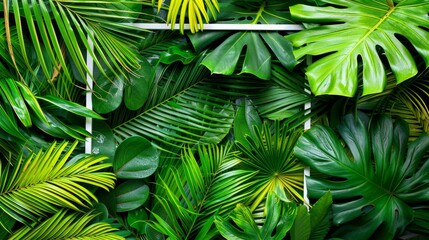 Tropical green leaves background with a white rectangular frame overlay. Nature concept with vibrant shades of green and yellow.