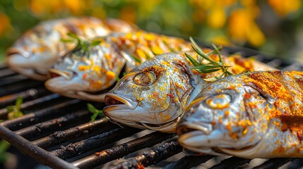 Wall Mural - Several seasoned fish grilling on a barbecue with a blurred green and yellow background. Concept of outdoor cooking and tasty food.  Generative AI