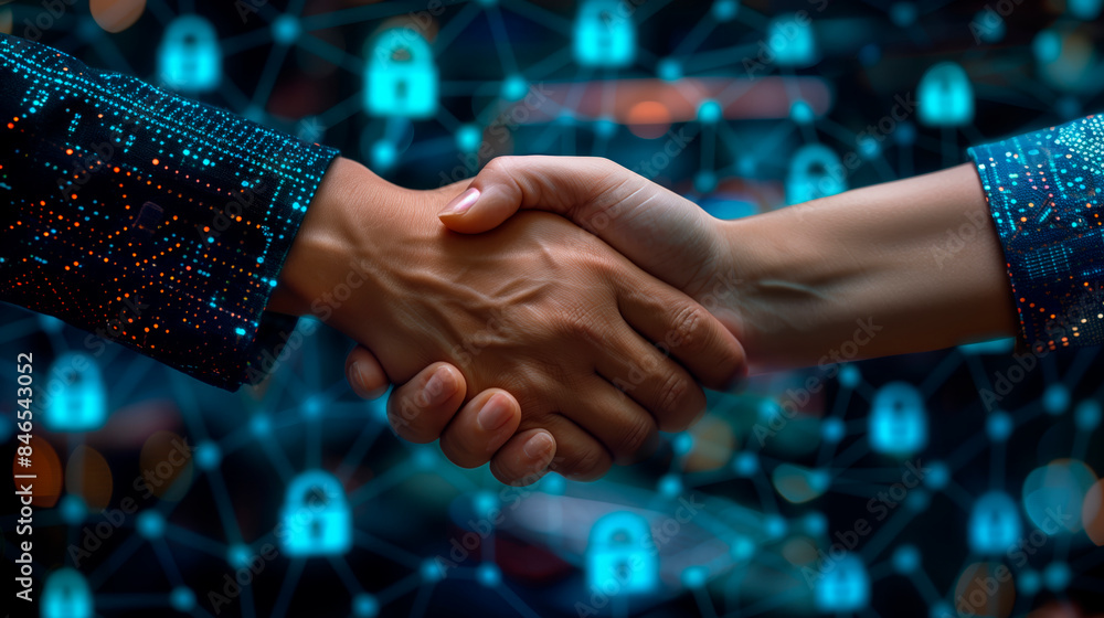Two people shaking hands, with a digital network background filled with ...