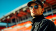 © ImageFlow - Man in black security uniform with sunglasses, standing at a stadium, sunny day. Concept of security and protection.  Generative AI