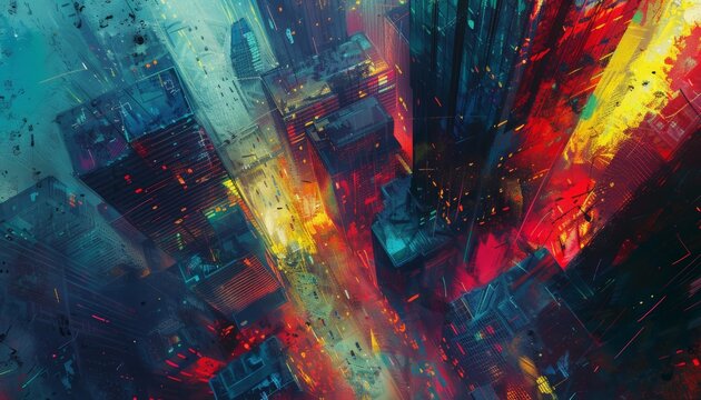 Transform a dystopian cityscape into a striking, abstract masterpiece with bold colors and stark contrasts, captured from a disorienting birds eye view