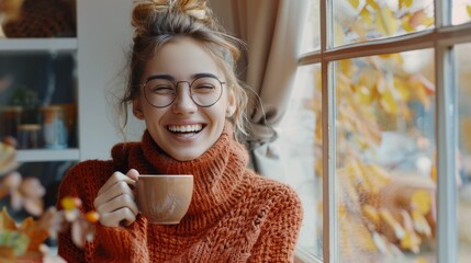 Wall Mural - A woman in a sweater is smiling and holding a cup of coffee
