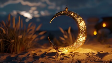 Poster - 3d render of golden crescent moon with illumination