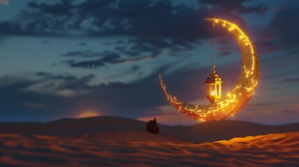 Wall Mural - 3d render of golden crescent moon with illumination