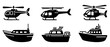 © iamabduss - Helicopter and speed boat side view silhouette black filled vector Illustration icon