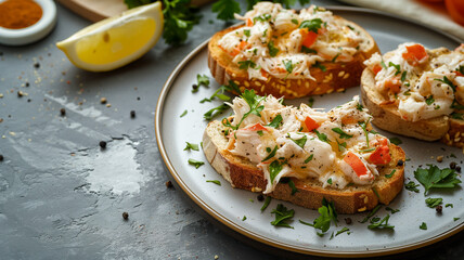 Wall Mural - Crab toast and and cream cheese crostini's with spices and herbs on a plate, top view, side view in the background. Food, snacks.