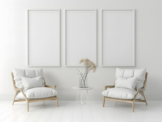 Wall Mural - Living room with two chairs and three blank frame mockup