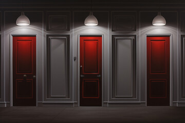 a row of red doors with lights