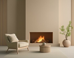 Wall Mural - Minimalist living room interior with modern fireplace, armchair and beige plasters walls. Interior mockup, 3d render