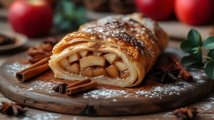 Wall Mural - A long pastry with apples and cinnamon on top