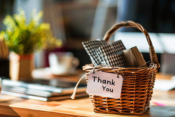 a basket with a thank you sign and small presents
