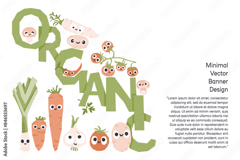 Cute organic vegetables characters banners for farmers market. Vector ...