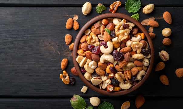 Nut mixture. Mixture of nuts and dried fruits in a bowl on a brown background. Pistachios, cashews, walnuts, hazelnuts, peanuts, Brazil nuts, raisins, dried apricots and prunes. View from above. Place