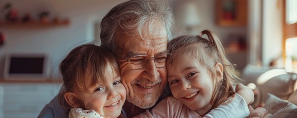 Wall Mural - at home, two daughters hug their happy father.