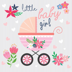 Canvas Print - Baby girl shower card with stroller and flowers