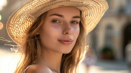 A close up of a happy blond woman wearing a stylish sun hat as a fashion accessory at a fun event. She is sporting a fedora or cowboy hat for a chic look AIG50