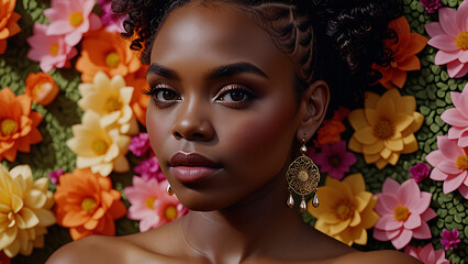 Wall Mural - A striking close-up of a black woman exhibiting handcrafted beauty and bright hues, set against a flower wall in true Hollywood glamour style.