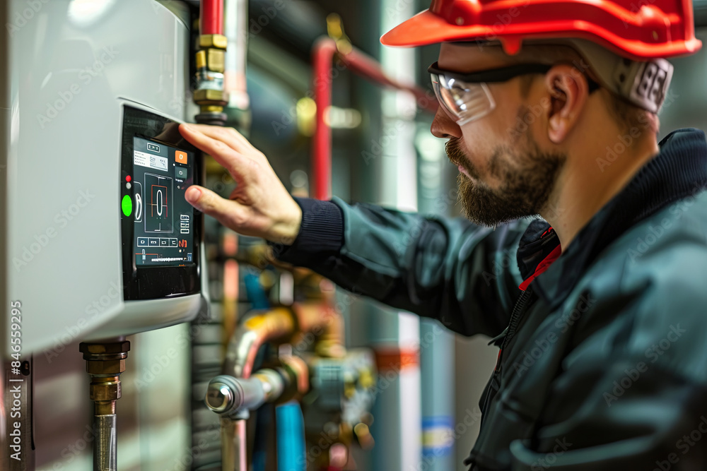 Engineer adjusting the settings on a thermostat to optimize an ...