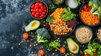 Wall Mural - Promoting a healthy lifestyle with vegetarian lunch and proper nutrition displayed from a top view in a flat lay format