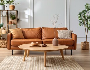 Wall Mural - Modern home interior mock-up with brown sofa, table, and decoration in the living room, 3d rendernge furniture and wooden table, Scandinavian style