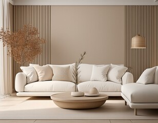Wall Mural - Modern living room design, minimal home decor with white sofa and neutral colors, interior mockup, 3d render
